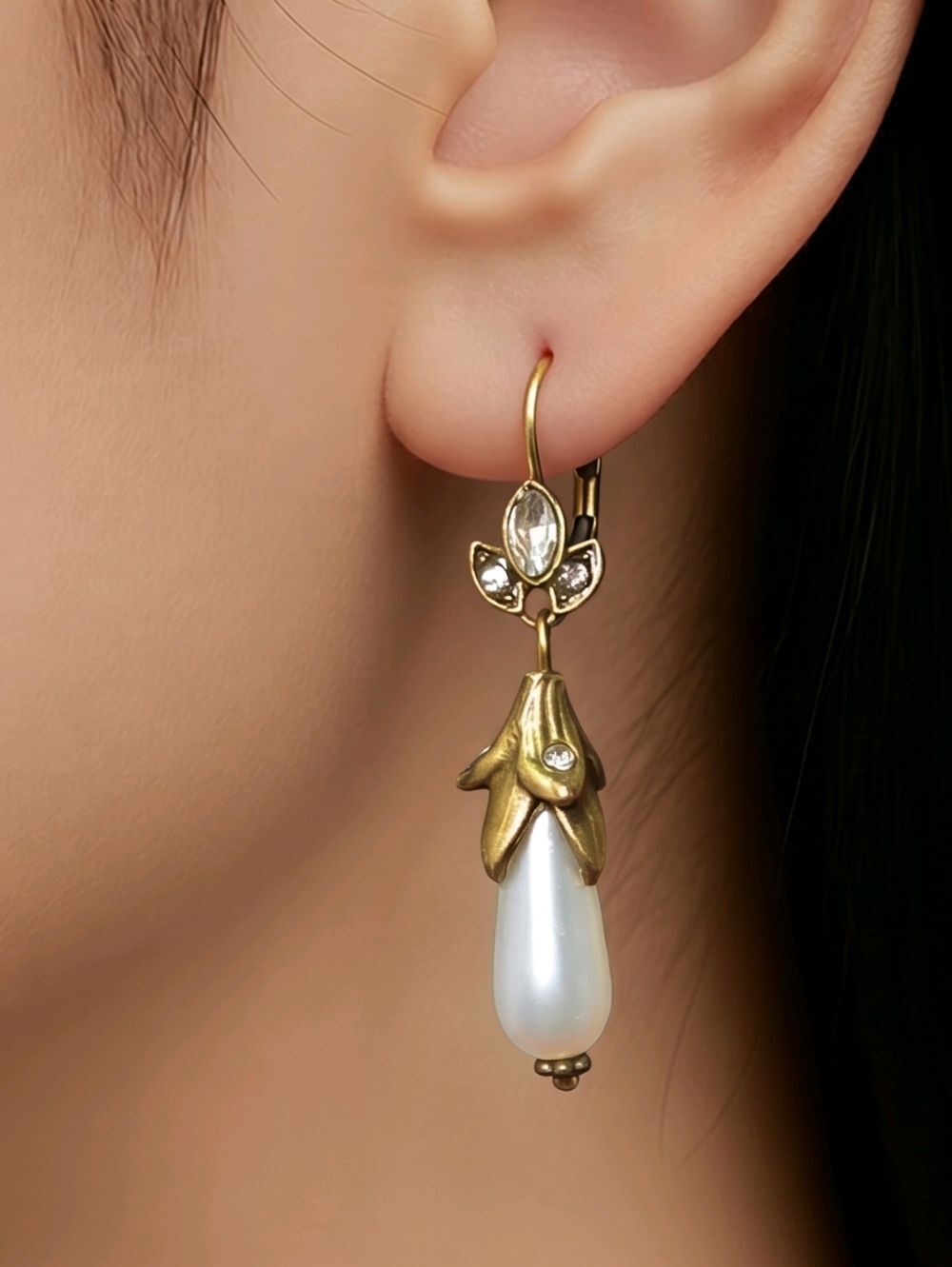 Antique Gold Pearl Drop Earrings Floral CZ Bridal Art Nouveau Lever Back Glam